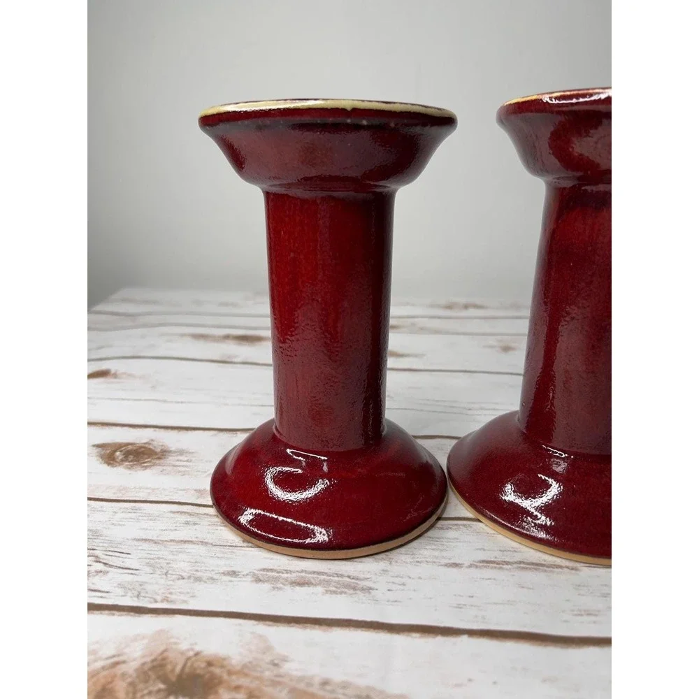 HausenWare Candlestick Holders Red Glossy Ceramic Pedestal Set of‎ 2 7.5in